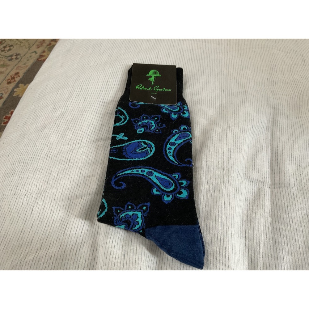 Robert Graham Mens Paisley Crew Socks Black Blue Teal Mercerized Cotton NWT